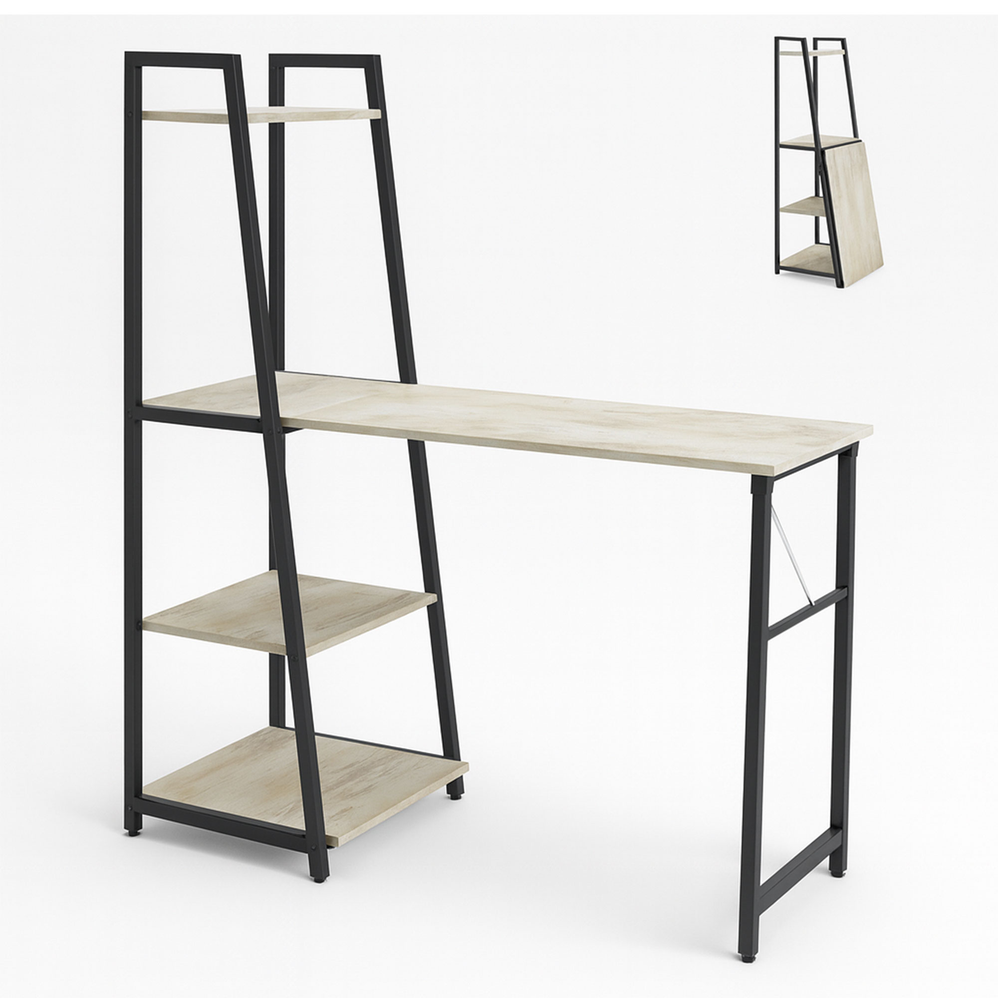 Bimyo - Bureau Pliant Avec Étagère Gain De Place 50x41xh128 Cm Style Industriel Bleach