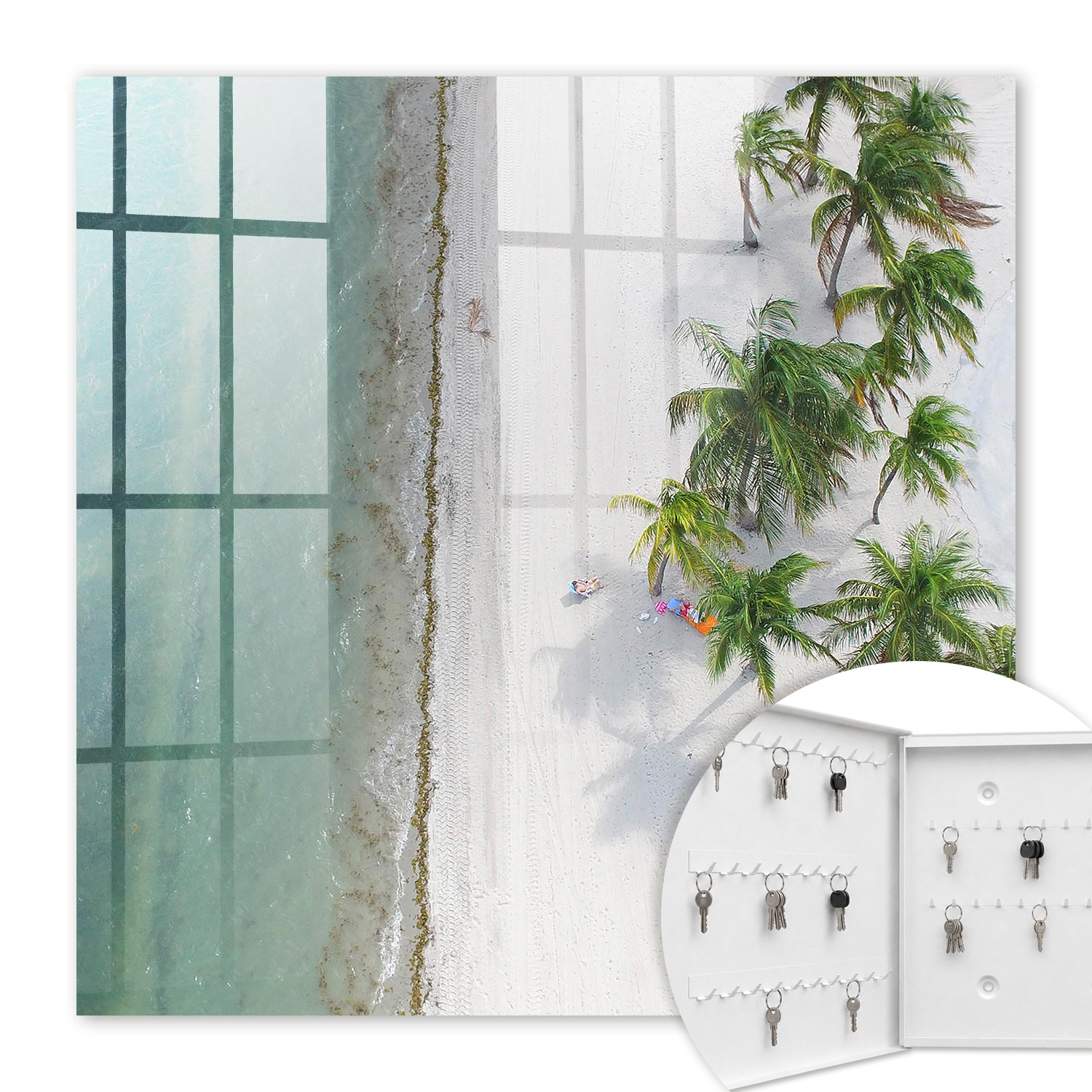 Armoire À Clés - (30 Cm X 30 Cm) - Boîte À Clés Murale - Coffret De Rangement Pour Clés - Couleur Blanche - Ouverture Vers La Gauche - Pour Maison Et Bureau - Plage Tropicale