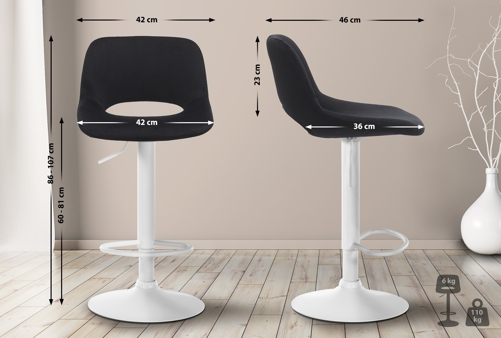 Tabouret De Bar Camden Velours Blanc Noir