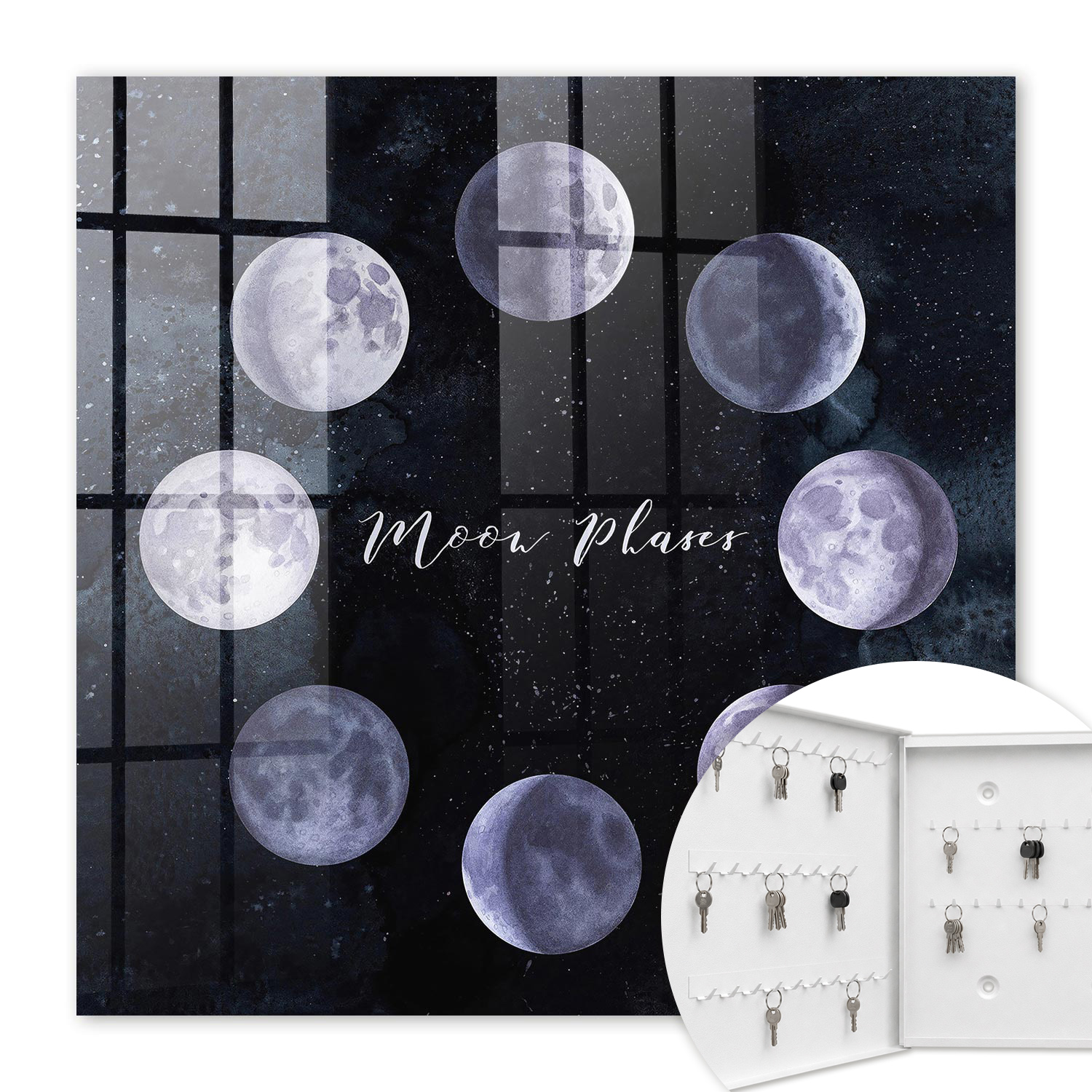 Armoire À Clés - (30 Cm X 30 Cm) - Boîte À Clés Murale - Coffret De Rangement Pour Clés - Couleur Blanche - Ouverture Vers La Gauche - Pour Maison Et Bureau - Phases Lunaires