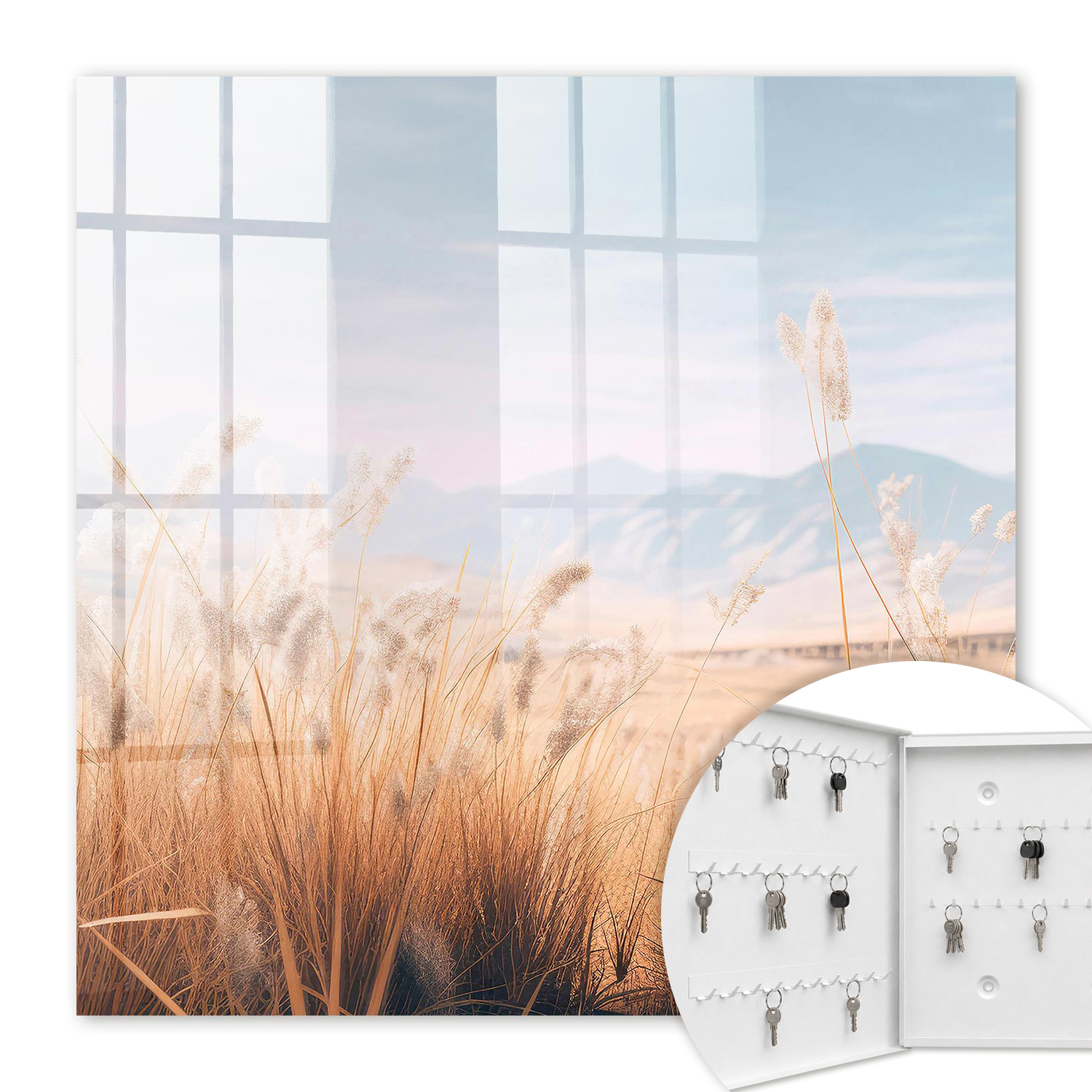 Armoire À Clés - (30 Cm X 30 Cm) - Boîte À Clés Murale - Coffret De Rangement Pour Clés - Couleur Blanche - Ouverture Vers La Gauche - Pour Maison Et Bureau - Paysage Gazonné