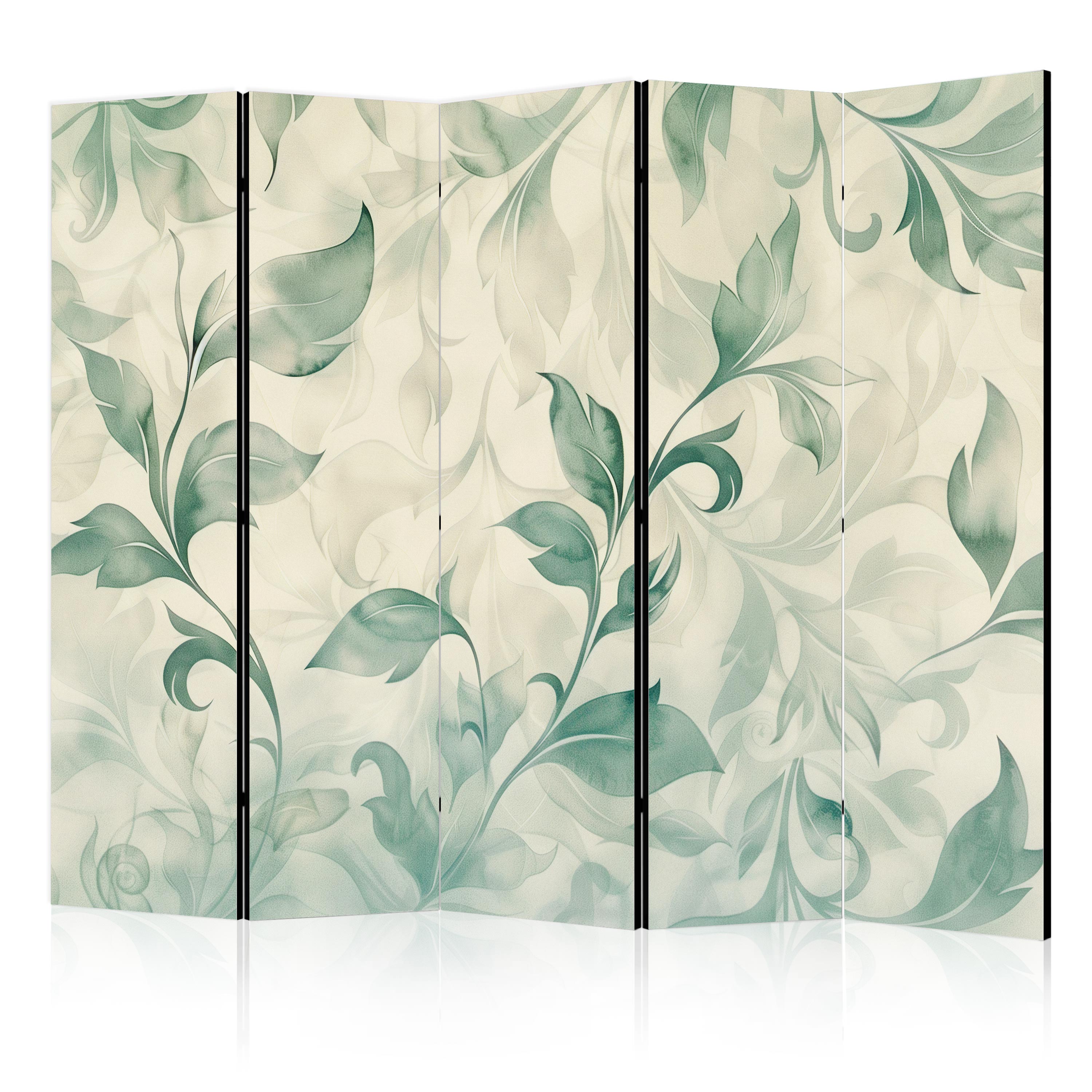 Paravent - Motif Botanique Feuilles Délicates Vert-beige. 225x172