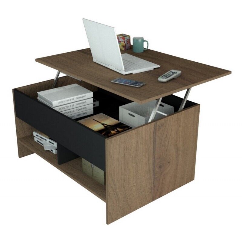 Table Basse Beaux Meubles Pas Chers Plateau Relevable 90 Cm Châtaignier Noir Panneaux Mélaminés