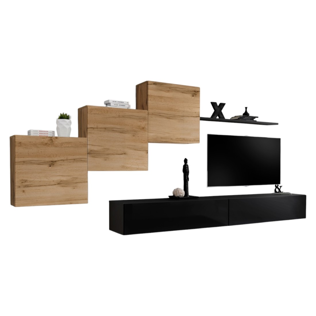 Meublorama - Ensemble Meuble Salon Mural Switch X Design, Coloris Noir Brillant Et Chêne Wotan.