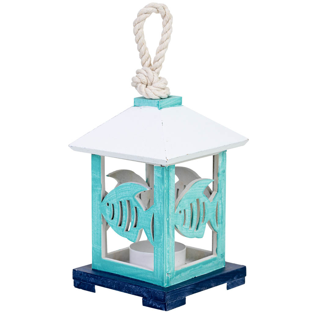 Bougeoir Suspendu En Bois Avec Poisson Bleu, 10 X 10 X 23 Cm (h)