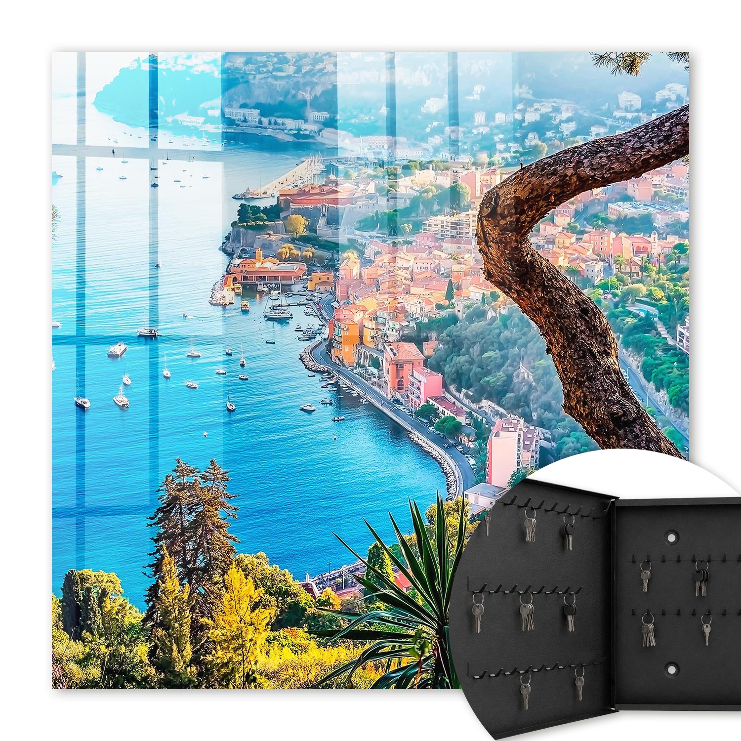 Armoire À Clés - (30 Cm X 30 Cm) - Boîte À Clés Murale - Coffret De Rangement Pour Clés - Couleur Noire - Ouverture Vers La Gauche - Pour Maison Et Bureau - Paysage De Vacances