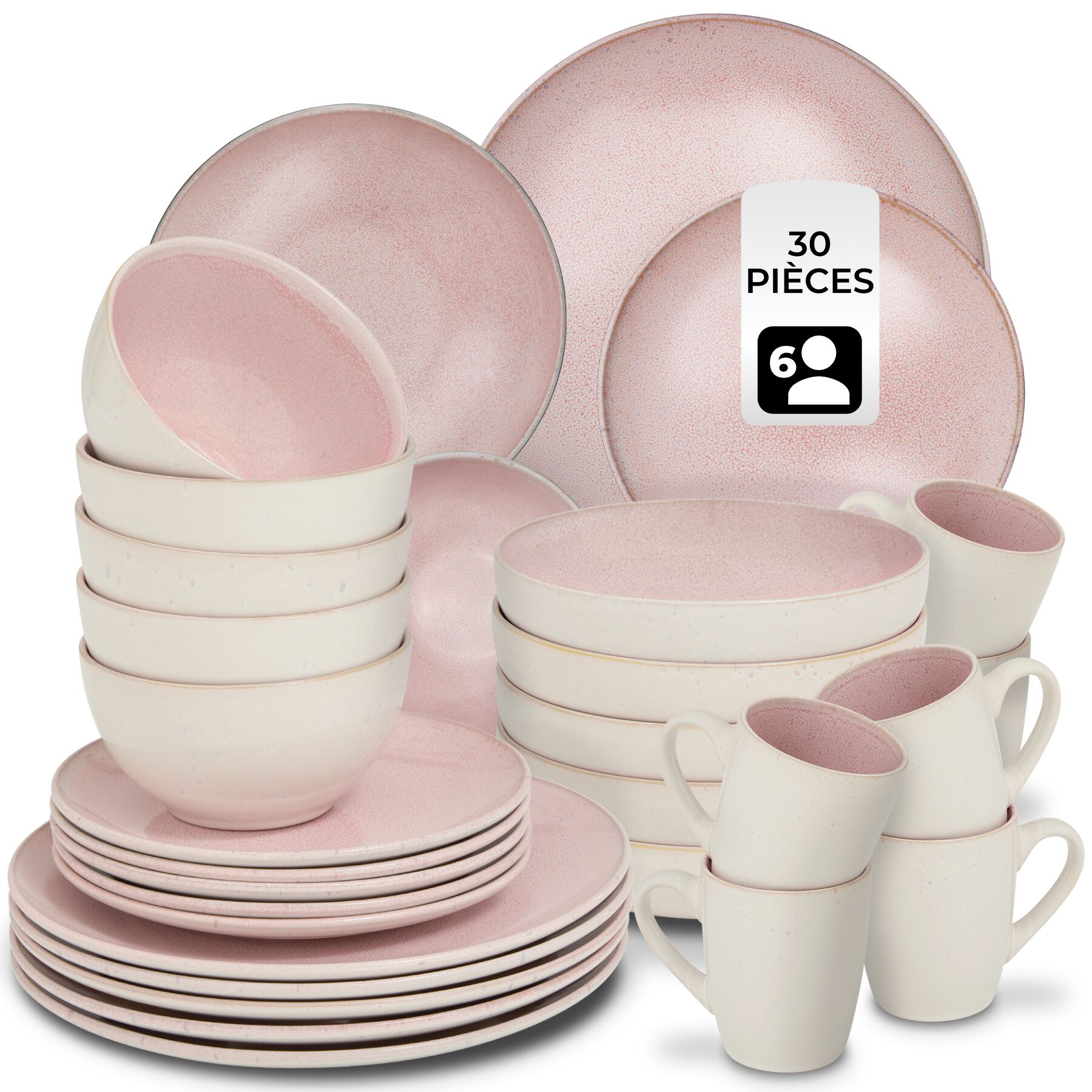 Set De Vaisselle 30 Pièces En Faïence 6 Personnes Fait Main Rose