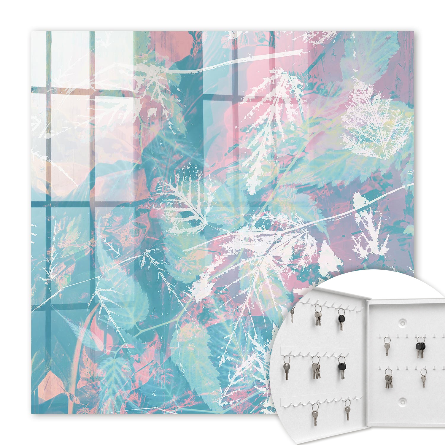 Armoire À Clés - (30 Cm X 30 Cm) - Boîte À Clés Murale - Coffret De Rangement Pour Clés - Couleur Blanche - Ouverture Vers La Gauche - Pour Maison Et Bureau - Feuilles Pastel