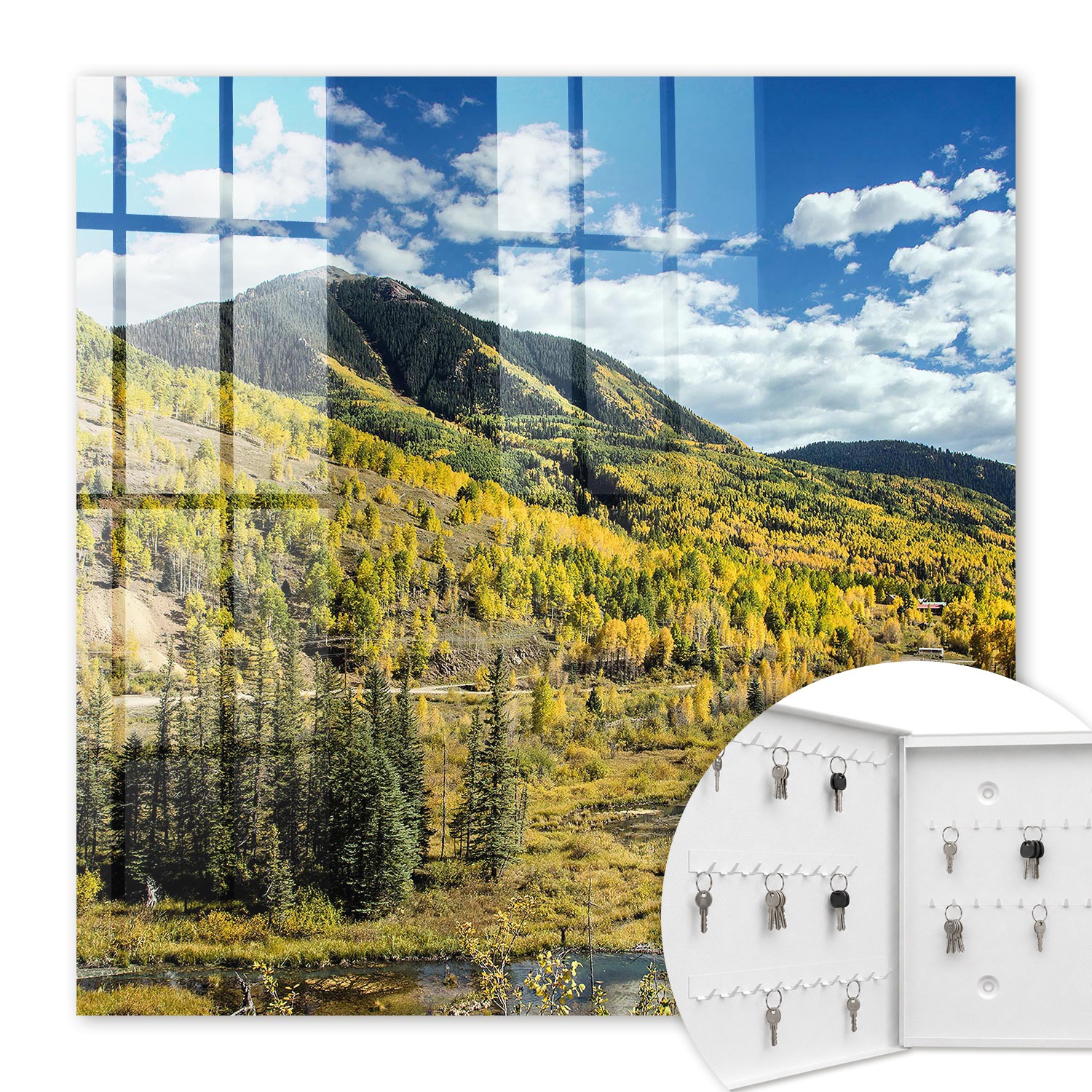 Armoire À Clés - (30 Cm X 30 Cm) - Boîte À Clés Murale - Coffret De Rangement Pour Clés - Couleur Blanche - Ouverture Vers La Gauche - Pour Maison Et Bureau - Paysage D'Automne