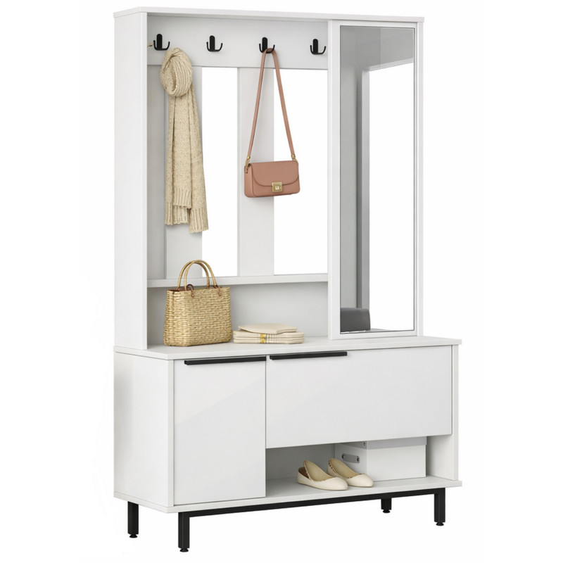 Meuble Vestiaire Beaux Meubles Pas Chers 3 Portes 5 Patères 5 Niches Miroir Blanc Mélaminé