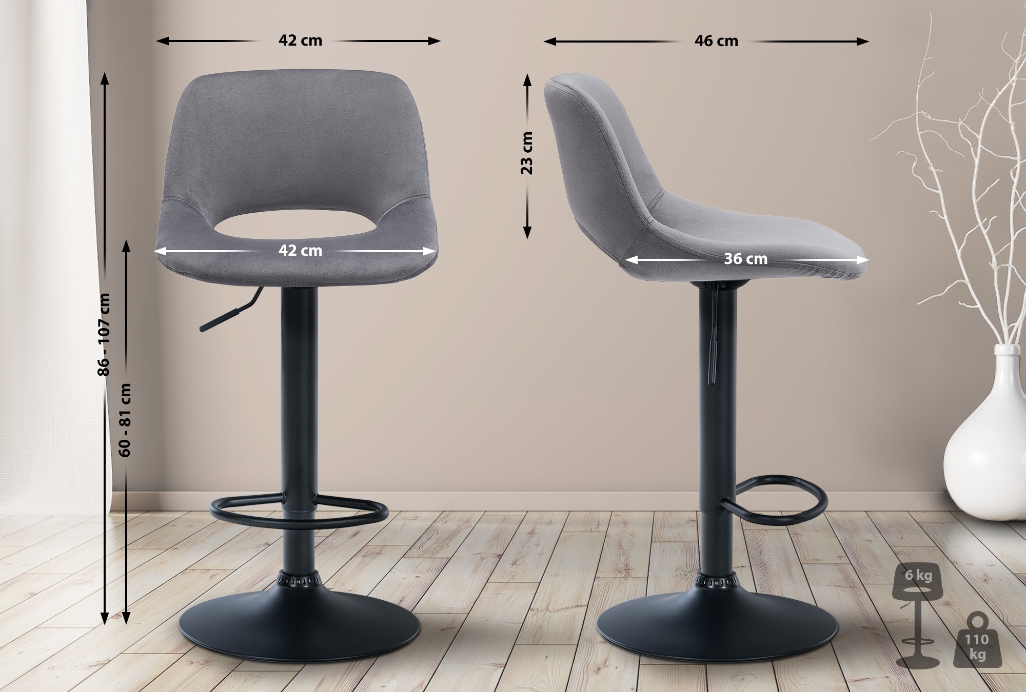Tabouret De Bar Camden Velours Noir Gris Foncé