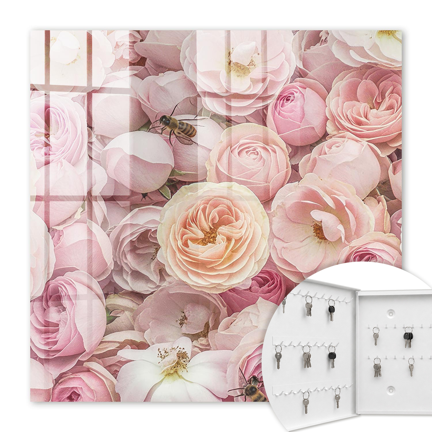 Armoire À Clés - (30 Cm X 30 Cm) - Boîte À Clés Murale - Coffret De Rangement Pour Clés - Couleur Blanche - Ouverture Vers La Gauche - Pour Maison Et Bureau - Rose Charmante