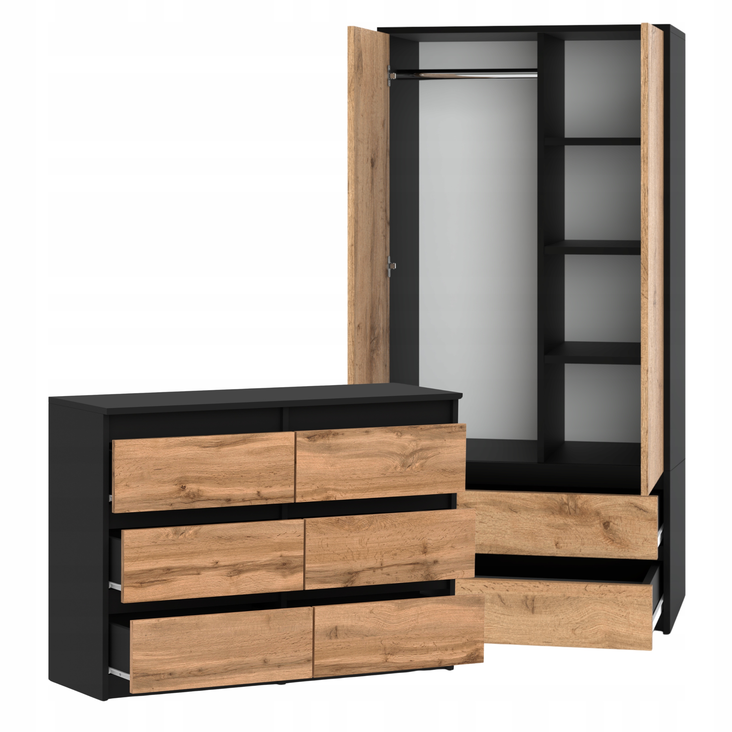 Set De Meuble De Rangement - Armoire 90 Cm + Commode 6 Tiroirs 100cm - Noir + Chêne Wotan- Moderne Et Pratique