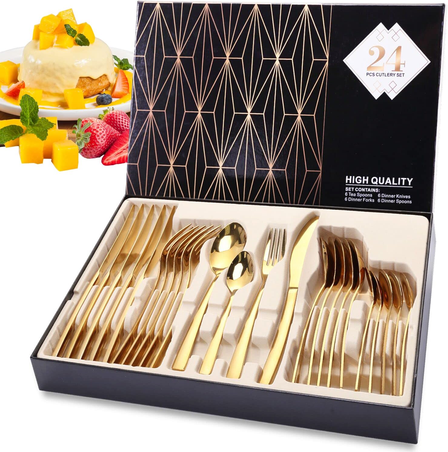Ensemble De Couverts De Table Pour 6 Personnes, Ménagère 24 Pièces Jaune
