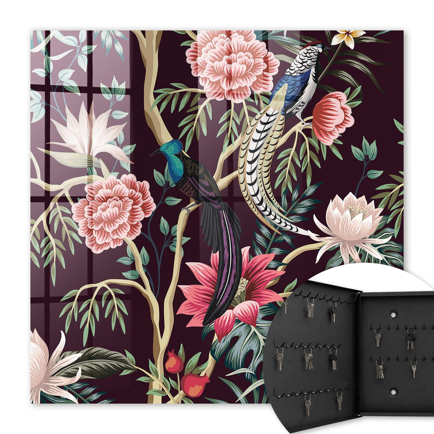 Armoire À Clés - (30 Cm X 30 Cm) - Boîte À Clés Murale - Coffret De Rangement Pour Clés - Couleur Noire - Ouverture Vers La Gauche - Pour Maison Et Bureau - Fleurs Et Oiseaux