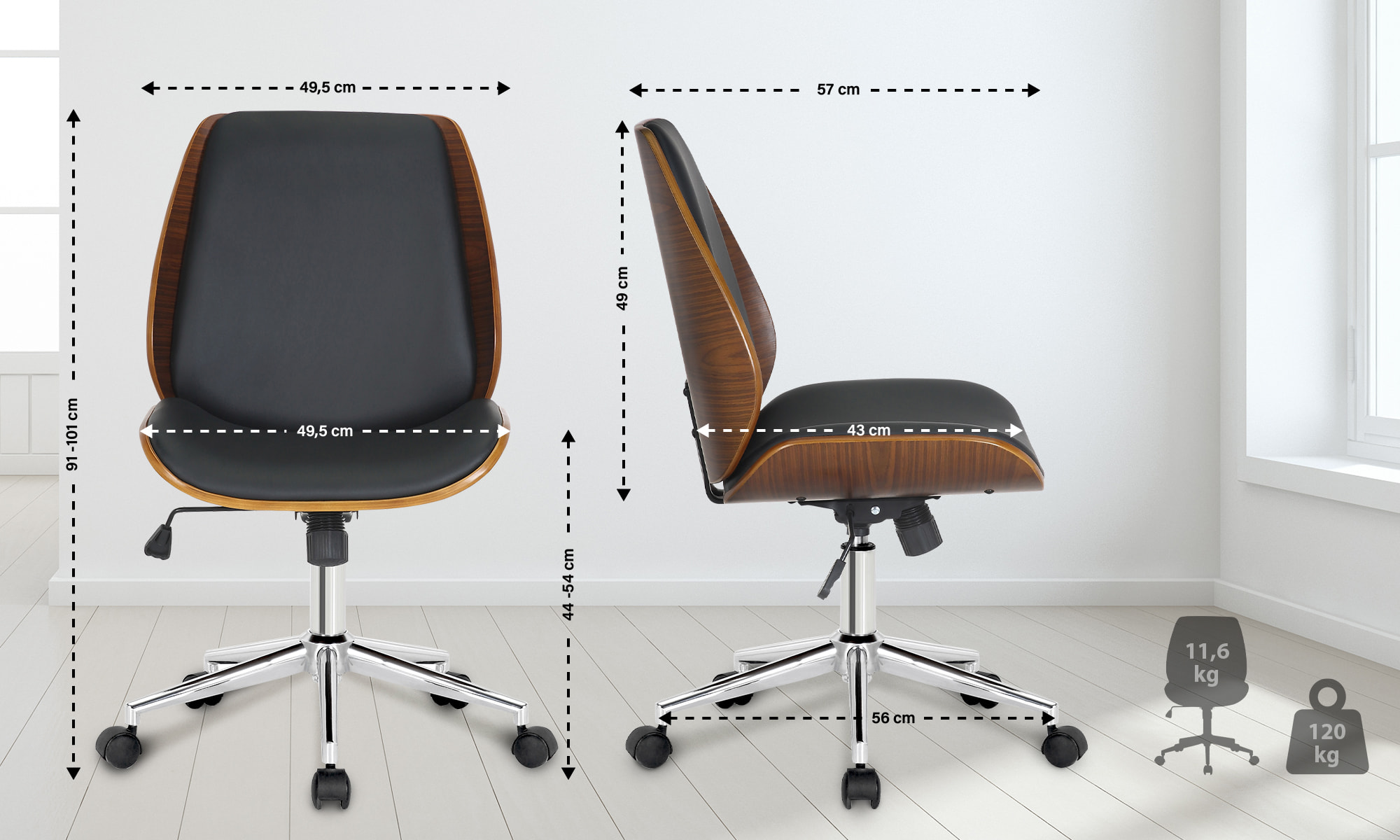 Chaise De Bureau Mitch Chromée Noyer/noir