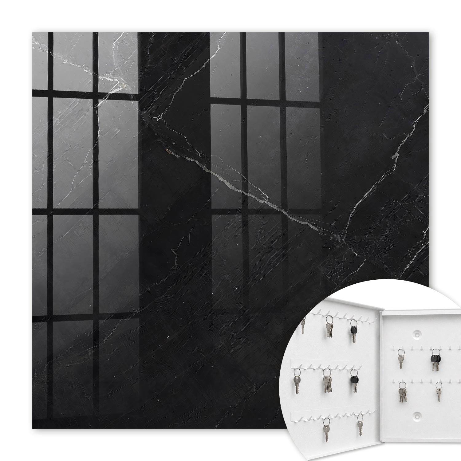 Armoire À Clés - (30 Cm X 30 Cm) - Boîte À Clés Murale - Coffret De Rangement Pour Clés - Couleur Blanche - Ouverture Vers La Gauche - Pour Maison Et Bureau - Marbre Noir