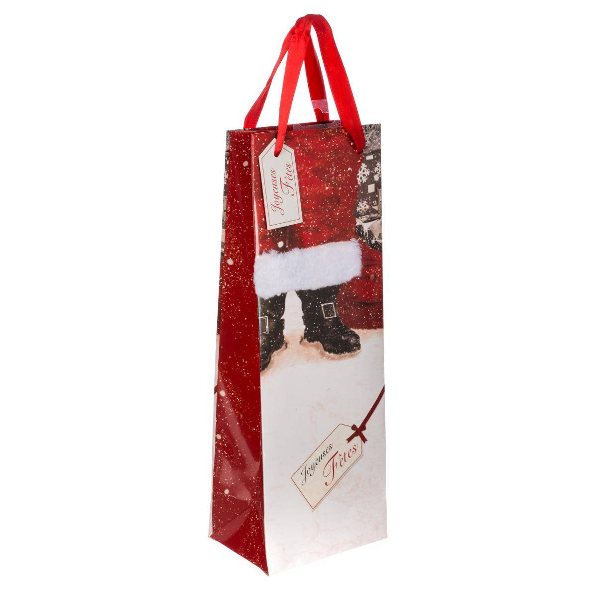 Sac Cadeau Imprimé Taille Bouteille Père Noël Avec Fourrure - Feeric Lights & Christmas