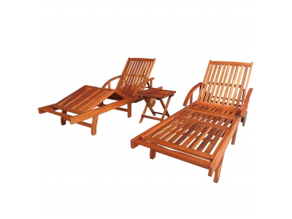 Lot De 2 Transats Chaise Longue Bain De Soleil Lit De Jardin Terrasse Meuble D'extérieur Avec Table Bois D'acacia Solide