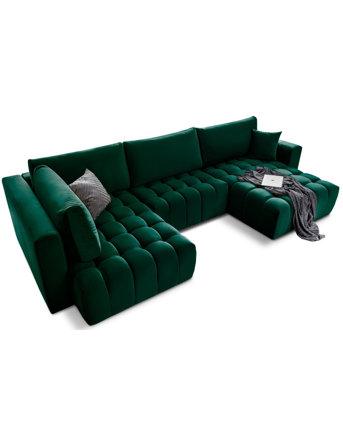 Canapé D'Angle Bonita Convertible 6 Places Vert Foncé Effet Velours - Droit - 350x175cm