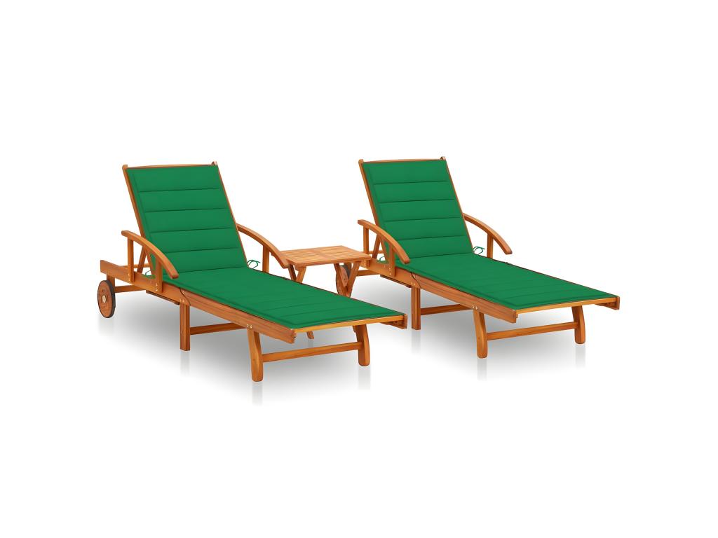 Lot De 2 Transats Chaise Longue Bain De Soleil Lit De Jardin Terrasse Meuble D'extérieur Avec Table Et Coussins Acacia S