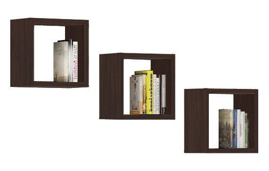 Ensemble De 3 Etagères Carrées Akord, 25 Cm, Avec Fixation Invisible Wengé 25 Cm Façade Wengé 3 Étagères 25x15x25 Cm