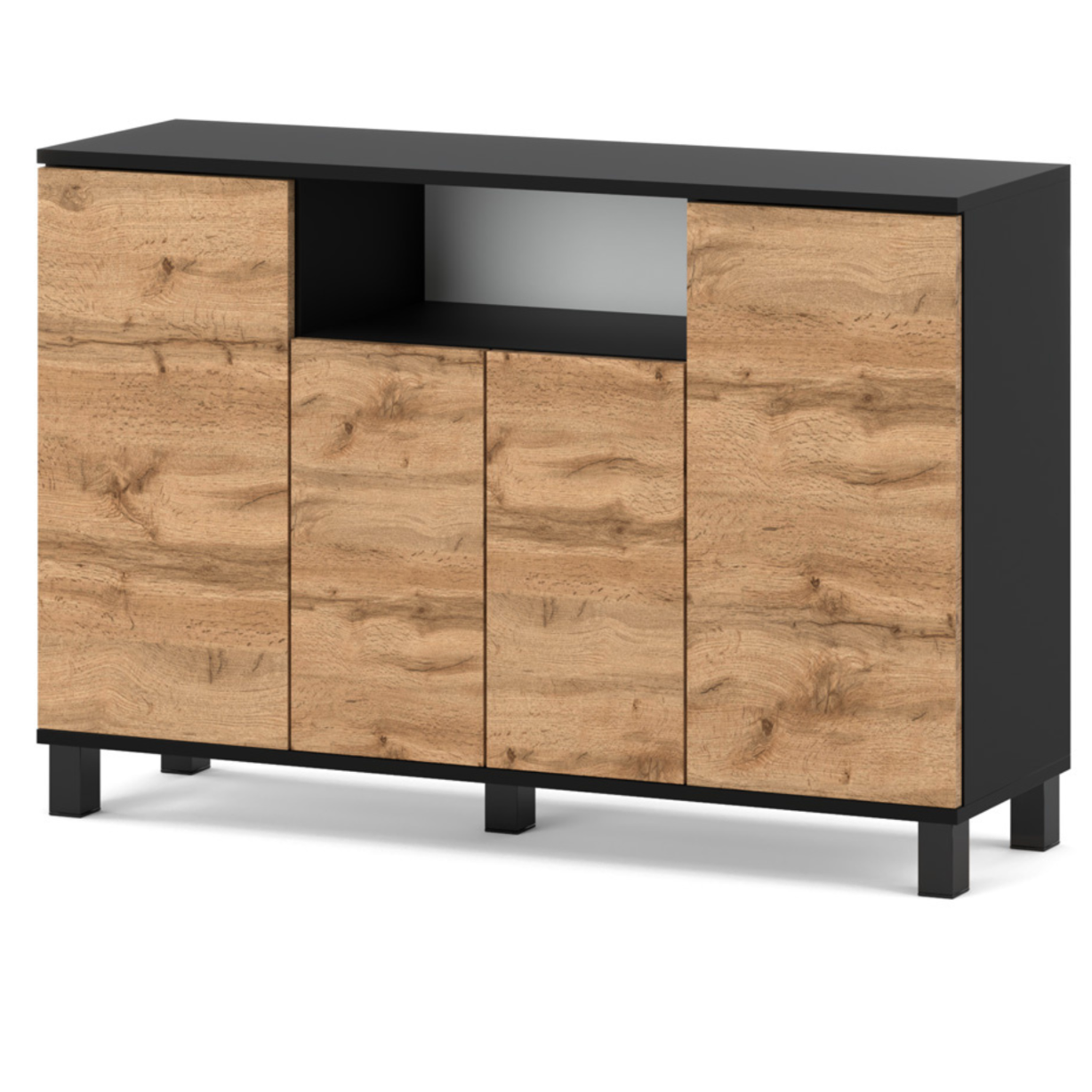 Commode Noir + Chêne Wotan 120 Cm 4 Portes - Meuble Tv Moderne Pour Salon Et Chambre - Buffet De Rangement Design