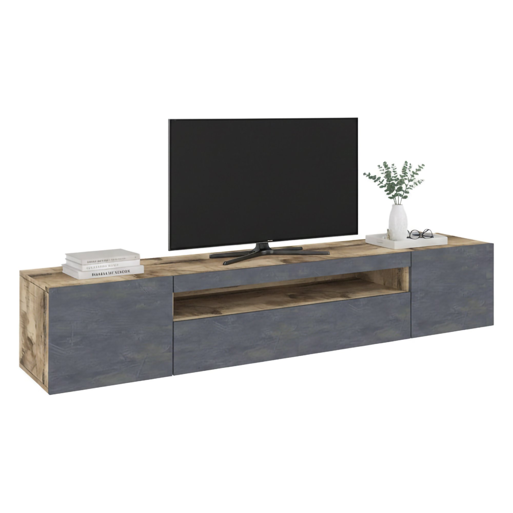 Meuble Tv Avec Led Effet Bois Beige, Ardoise 200x40 Cm