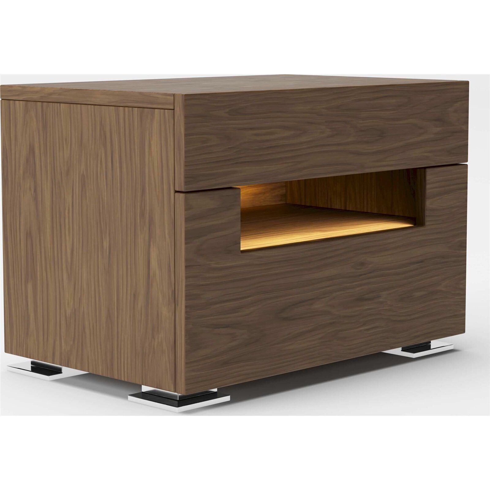 Table De Chevet En Bois Leds Intérieures Et 2 Tiroirs Fermeture Soft Pieds Chromés - Noyer, Acier Inoxydable