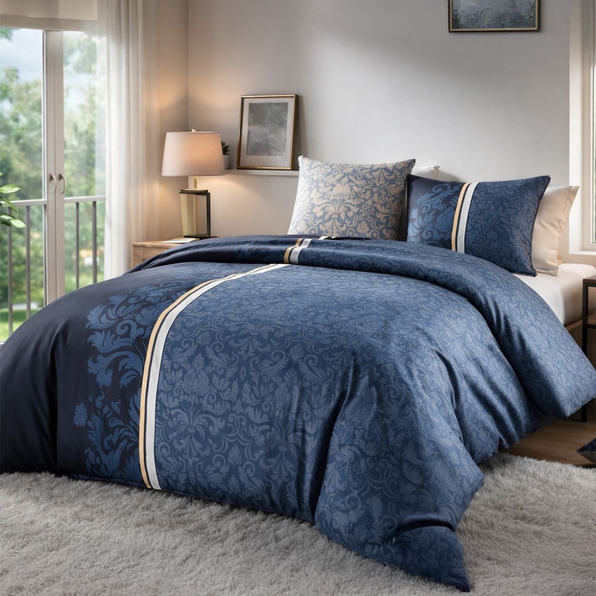 Parure Housse De Couette 260x240cm + 2 Taies Motif Arabesques Bleu 100% Coton - Florise