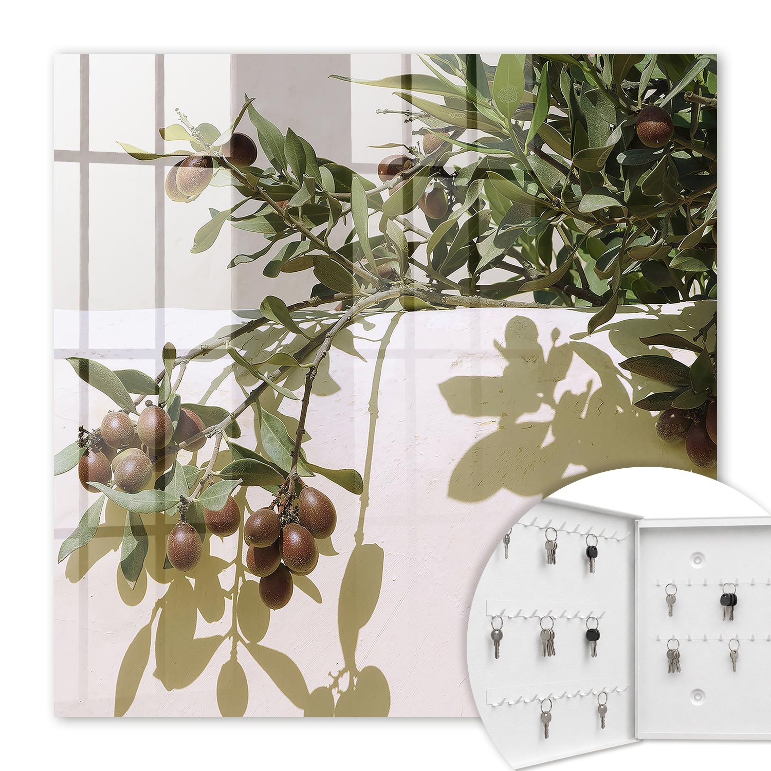 Armoire À Clés - (30 Cm X 30 Cm) - Boîte À Clés Murale - Coffret De Rangement Pour Clés - Couleur Blanche - Ouverture Vers La Gauche - Pour Maison Et Bureau - Branche D'Olivier