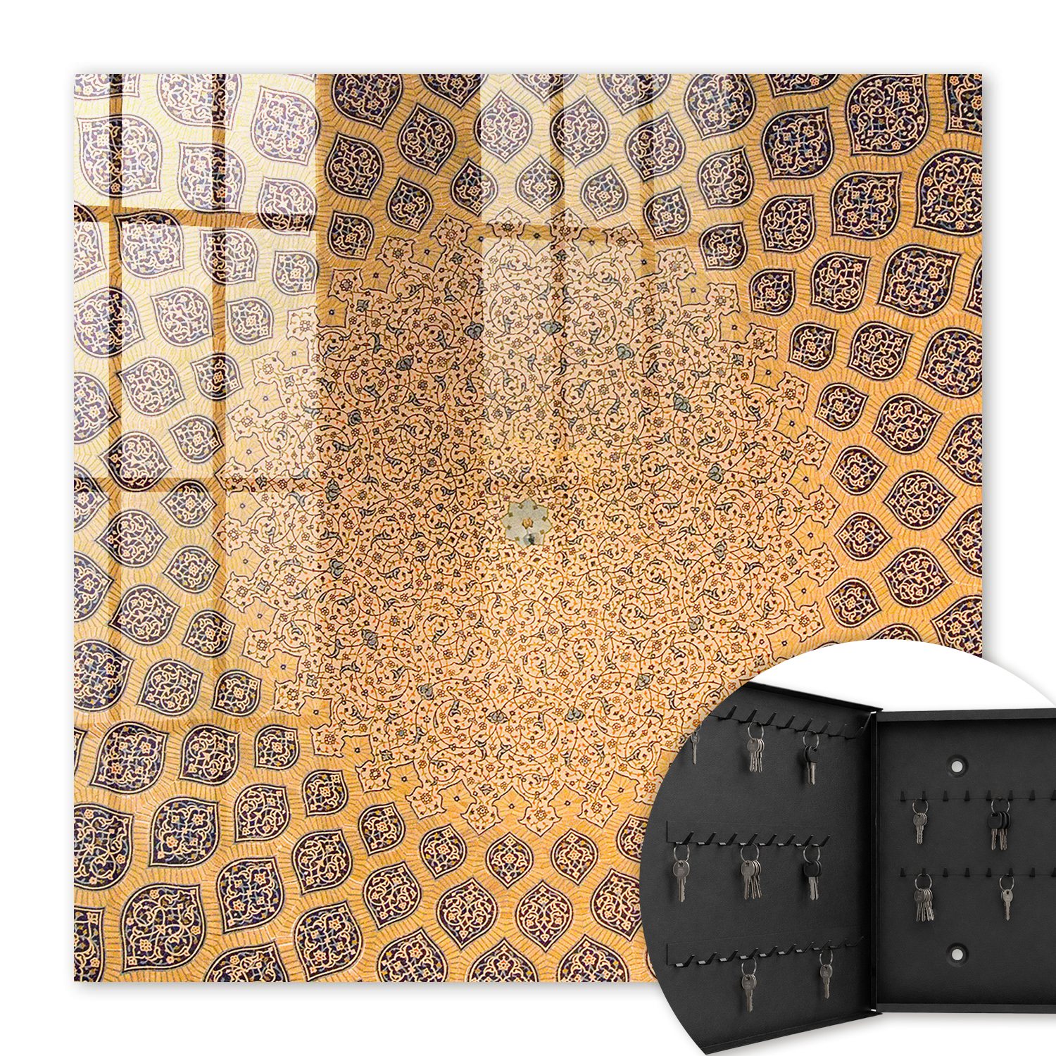 Armoire À Clés - (30 Cm X 30 Cm) - Boîte À Clés Murale - Coffret De Rangement Pour Clés - Couleur Noire - Ouverture Vers La Gauche - Pour Maison Et Bureau - Ornement Géométrique