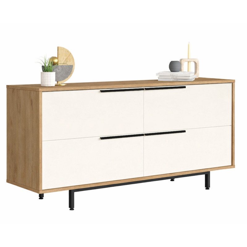 Buffet Bas Beaux Meubles Pas Chers 4 Portes 4 Niches 160 Cm 74,3 Cm 44,5 Cm Chêne Blanc Bois Métal