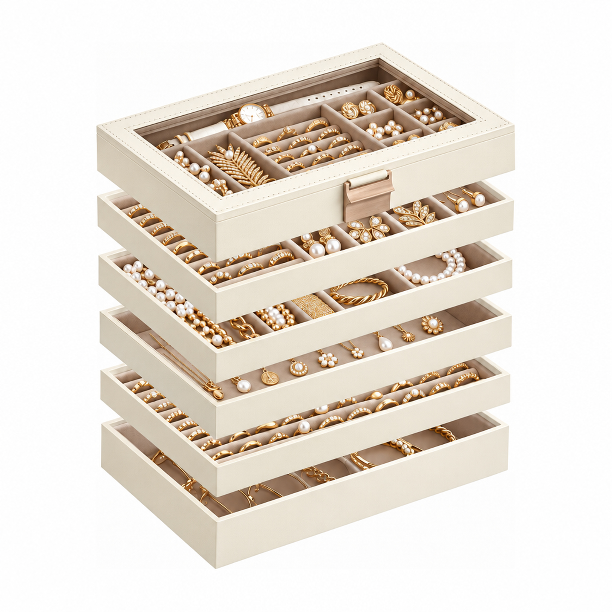 Boîte À Bijoux Liana Coffret À Bijoux Avec Couvercle En Verre & Plateaux Amovibles Blanc Crème 6 Niveaux