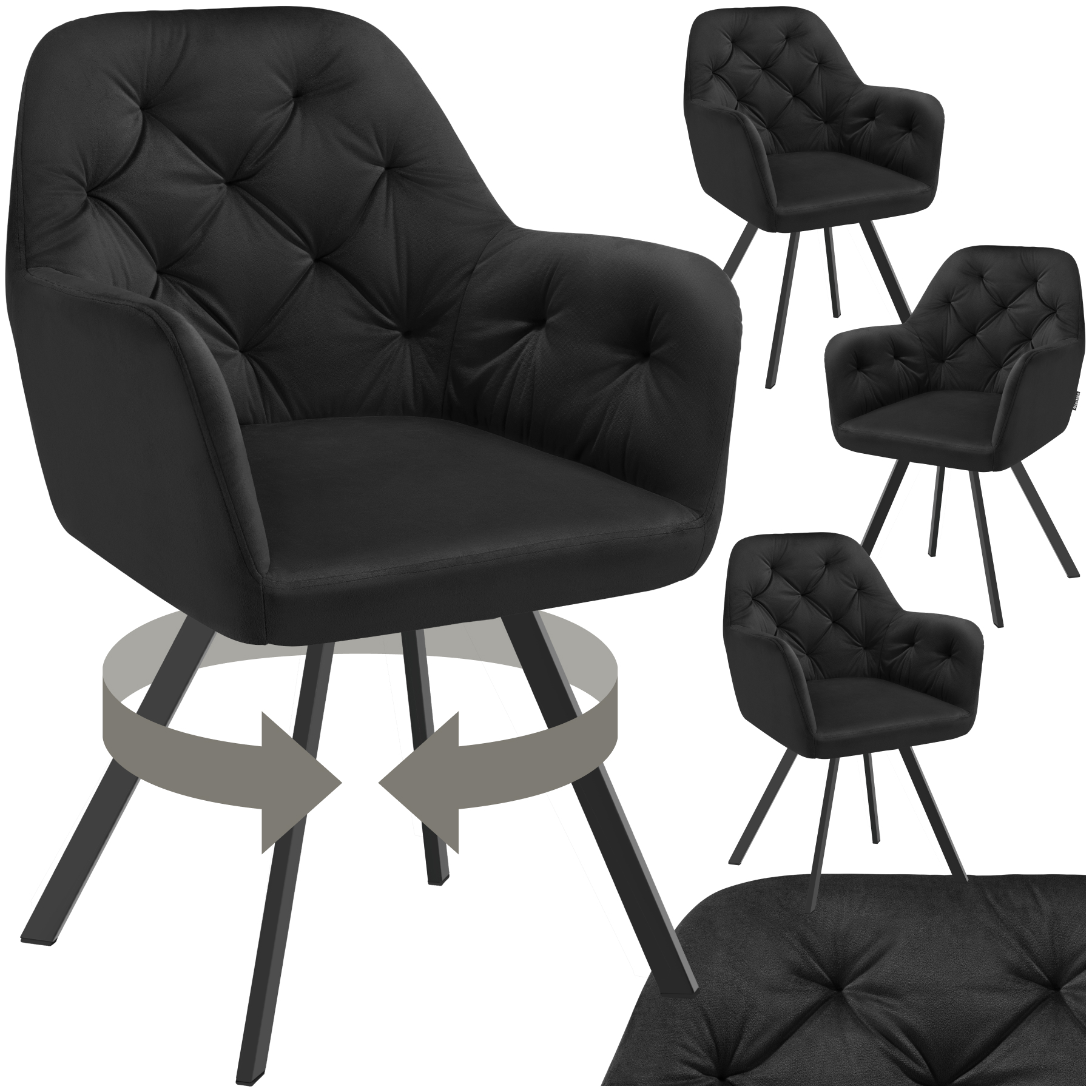 Lot 4 Fauteuils Pivotants 180° Velours Rembourrés Motif Matelassé Noir