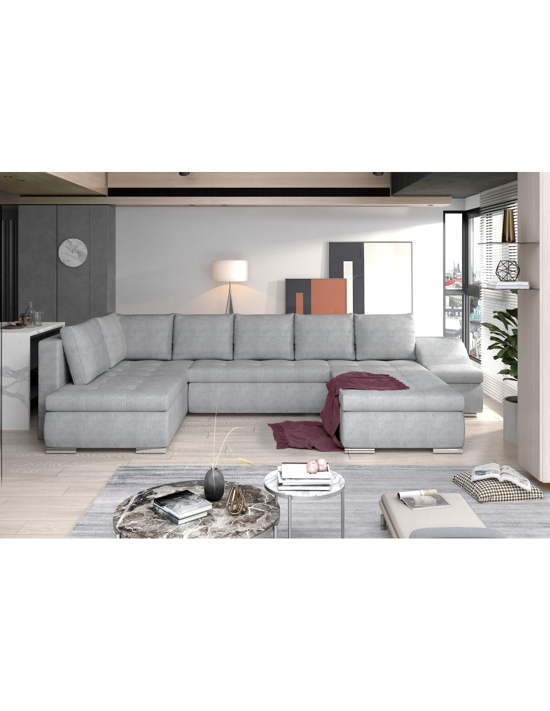 Canapé Panoramique Gyovani Gris Clair Chiné Angle Droit Convertible Pieds Métal