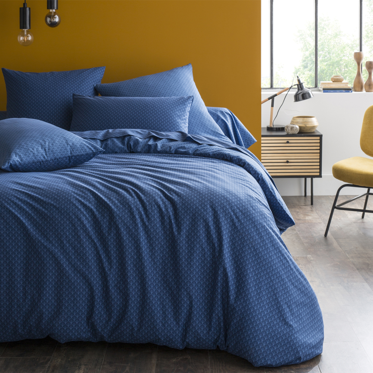 Housse De Couette Imprimée En Viscose De Bambou, Camille - 140 X 200 Cm - Bleu Marine