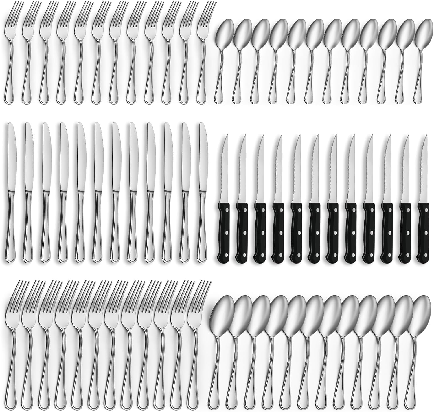 Couverts De Table Avec Couteau A Steak, 72 Pièces Couverts Pour 12 Personnes Gris Noir