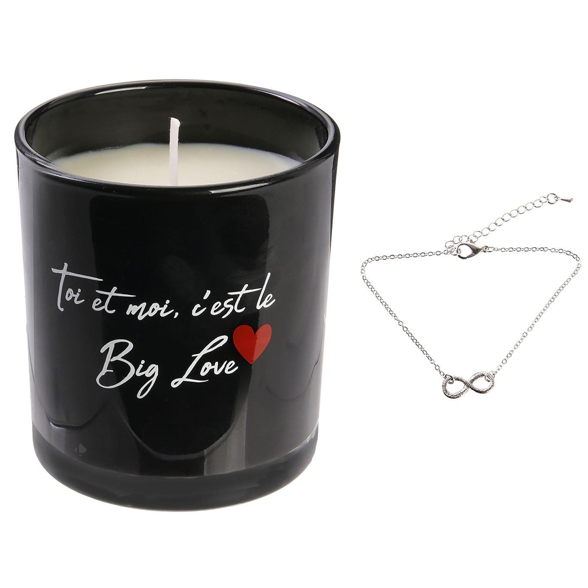 Bougie Parfumée Malaga Noire & Coeur Rouge + Bracelet Surprise