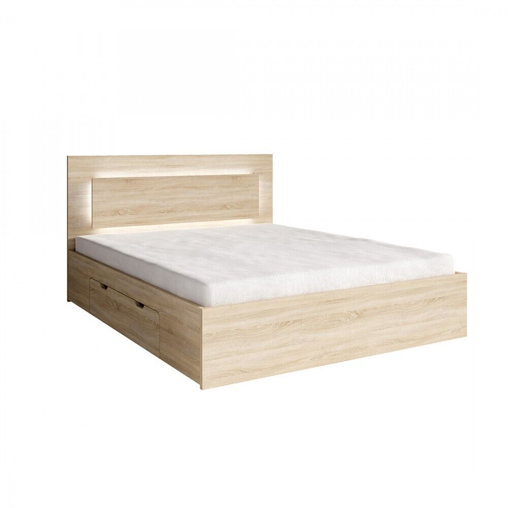 Lit Nofi Chêne Sonoma 140x 200 Cm Avec Tiroirs, Idéal Pour Chambre À Coucher. Meuble