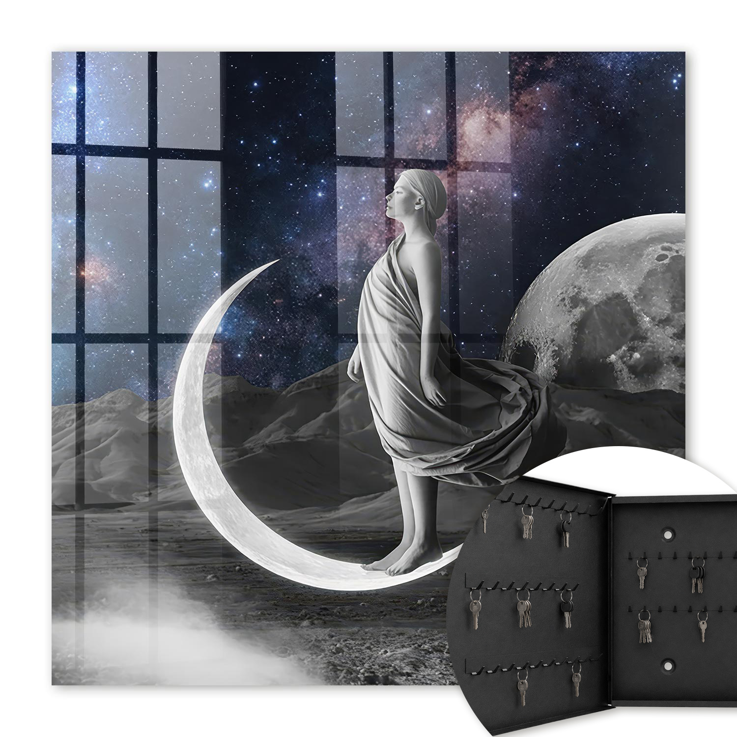 Armoire À Clés - (30 Cm X 30 Cm) - Boîte À Clés Murale - Coffret De Rangement Pour Clés - Couleur Noire - Ouverture Vers La Gauche - Pour Maison Et Bureau - Fantaisie Spatiale