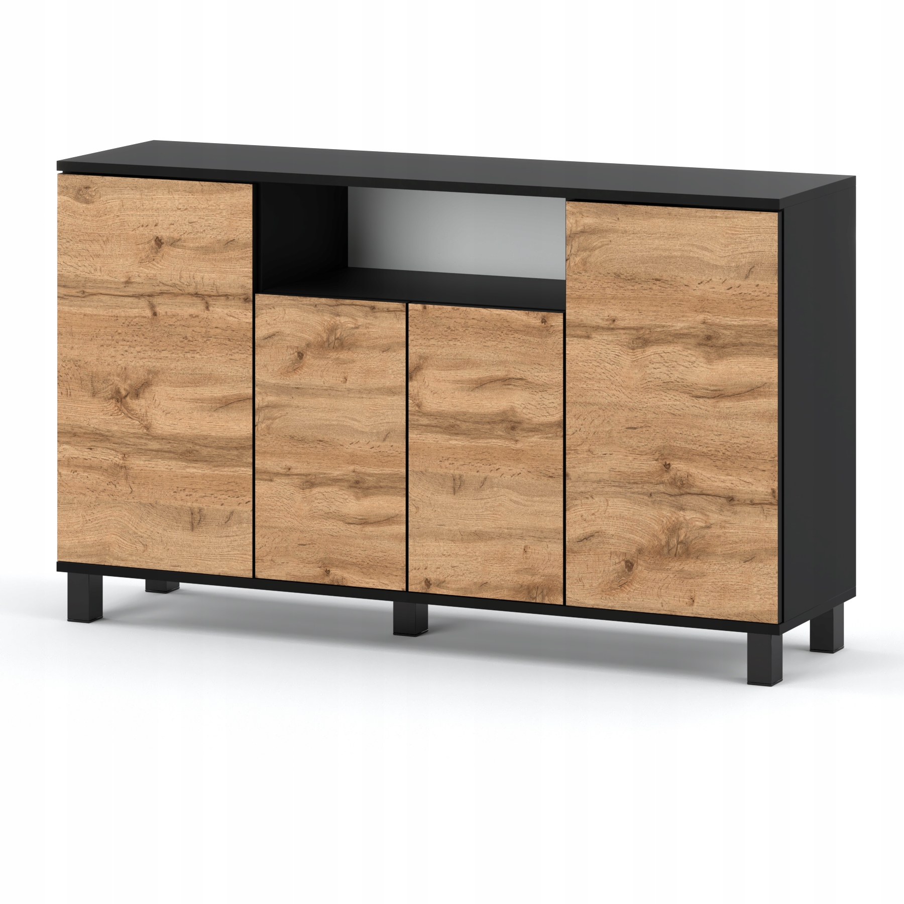 Grande Commode 140cm - Noir + Chêne Wotan - Meuble De Salon Spacieux Et Moderne- Tv Loft
