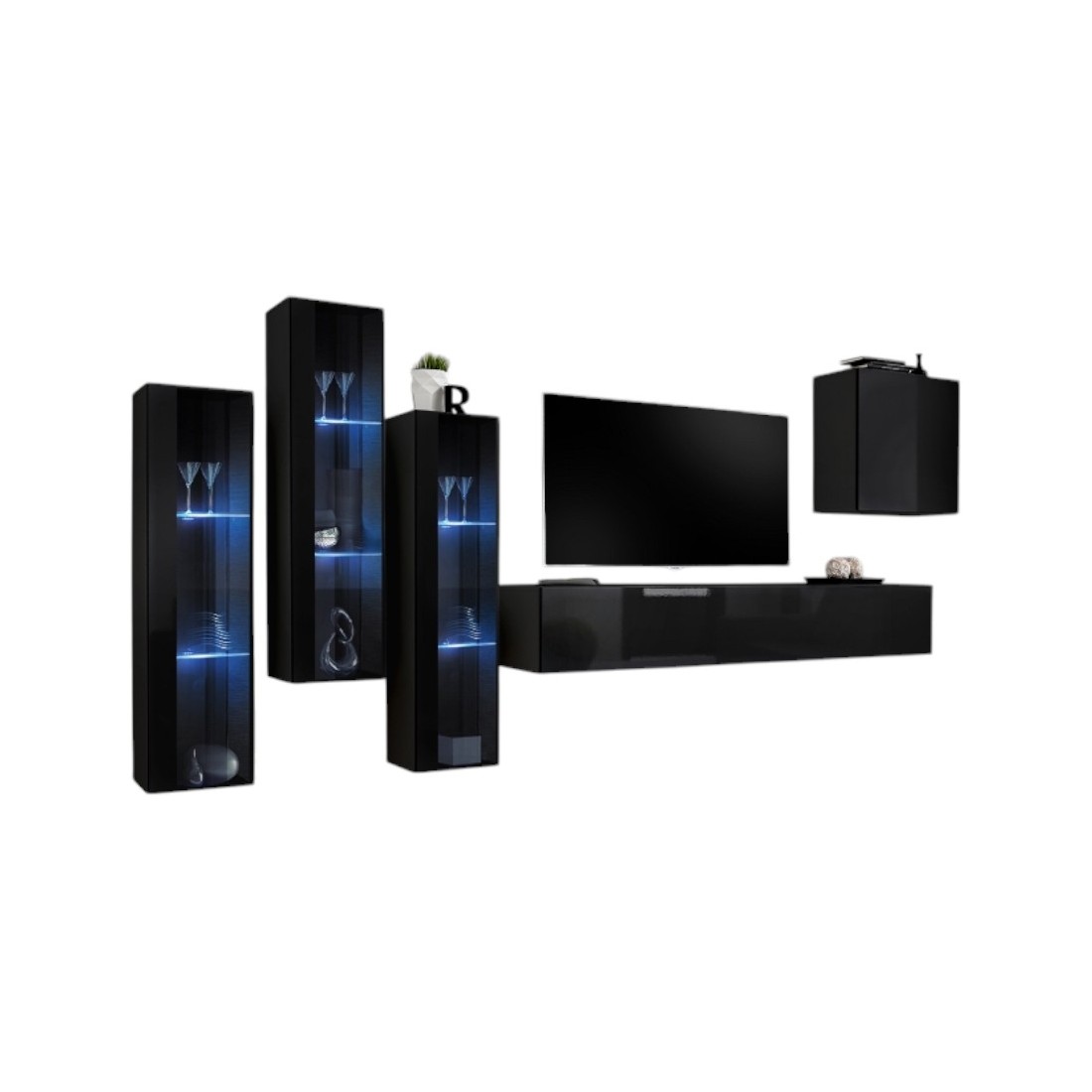 Composition Murale Switch Xiii - Meuble Tv, Vitrines Led Et Cube - Noir Brillant - De