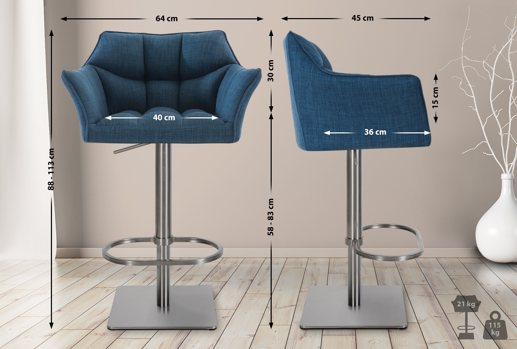 Tabouret De Bar Damaso E Tissu Bleu