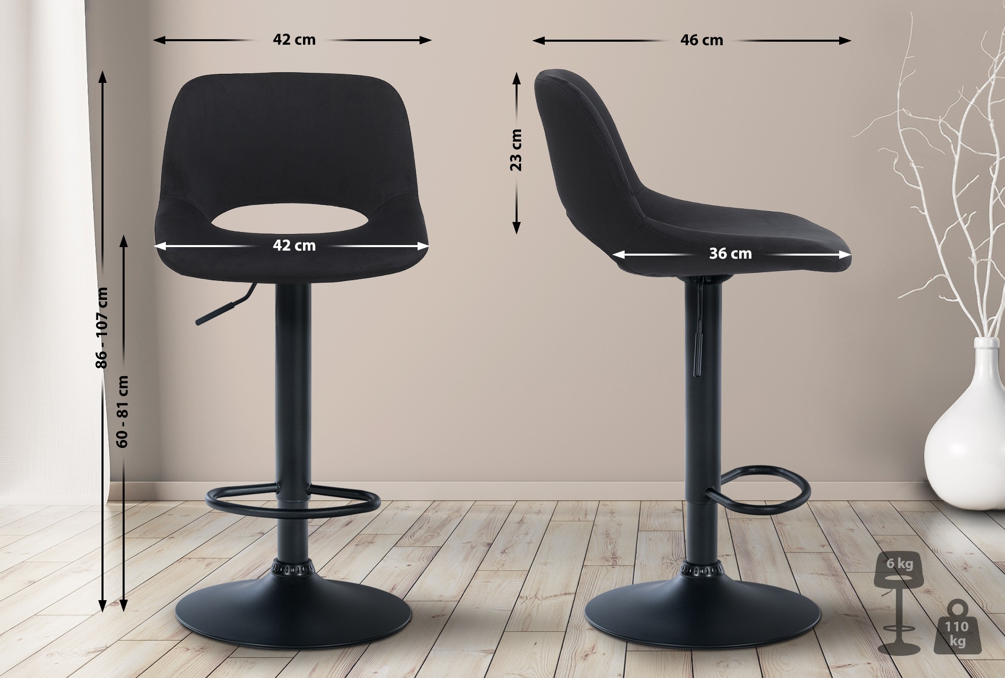 Tabouret De Bar Camden Velours Noir Noir