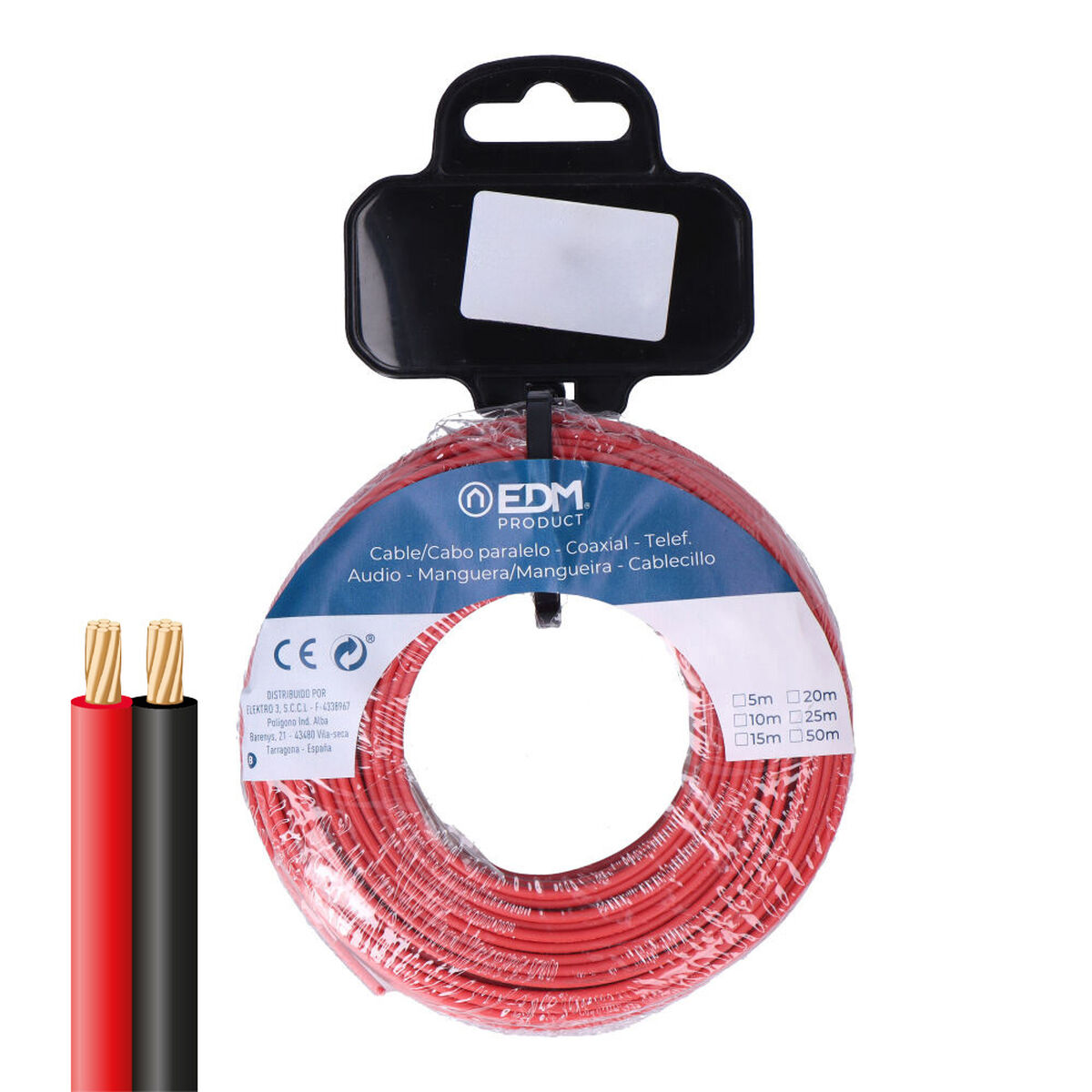 Câble Parallèle Plat Edm 28707 Noir Rouge 15 M 2 X 1 Mm