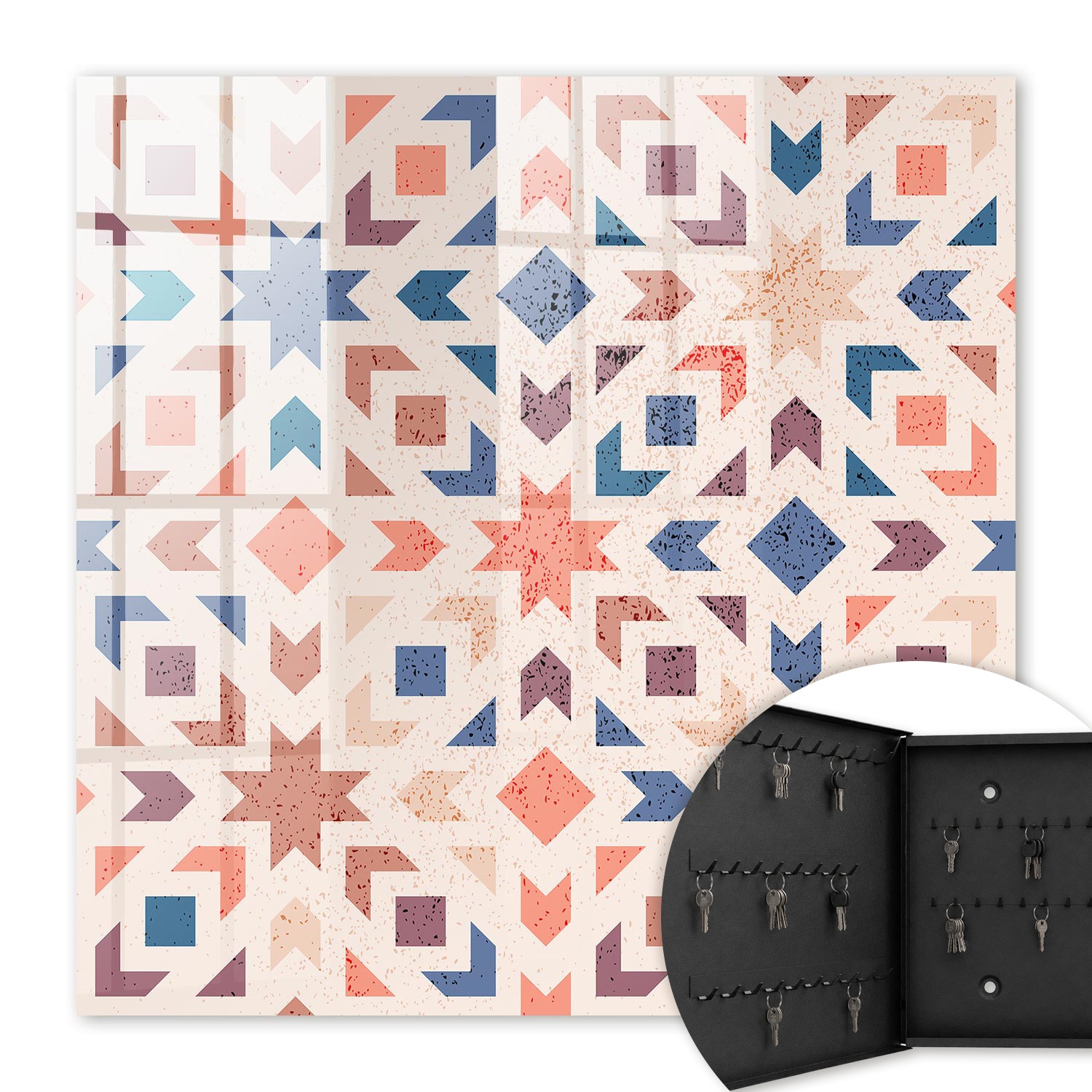 Armoire À Clés - (30 Cm X 30 Cm) - Boîte À Clés Murale - Coffret De Rangement Pour Clés - Couleur Noire - Ouverture Vers La Gauche - Pour Maison Et Bureau - Motif Géométrique