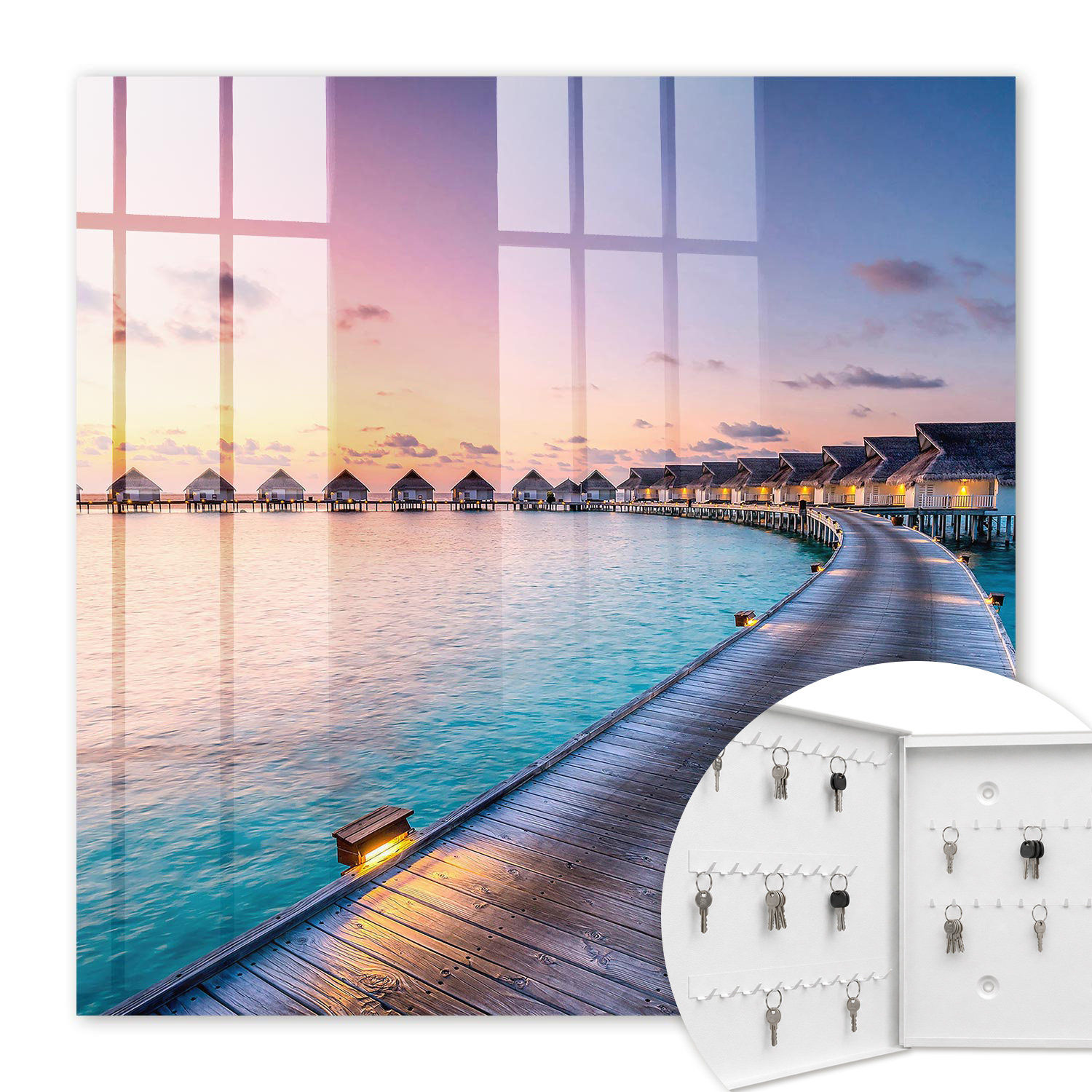 Armoire À Clés - (30 Cm X 30 Cm) - Boîte À Clés Murale - Coffret De Rangement Pour Clés - Couleur Blanche - Ouverture Vers La Gauche - Pour Maison Et Bureau - Coucher De Soleil Paisible