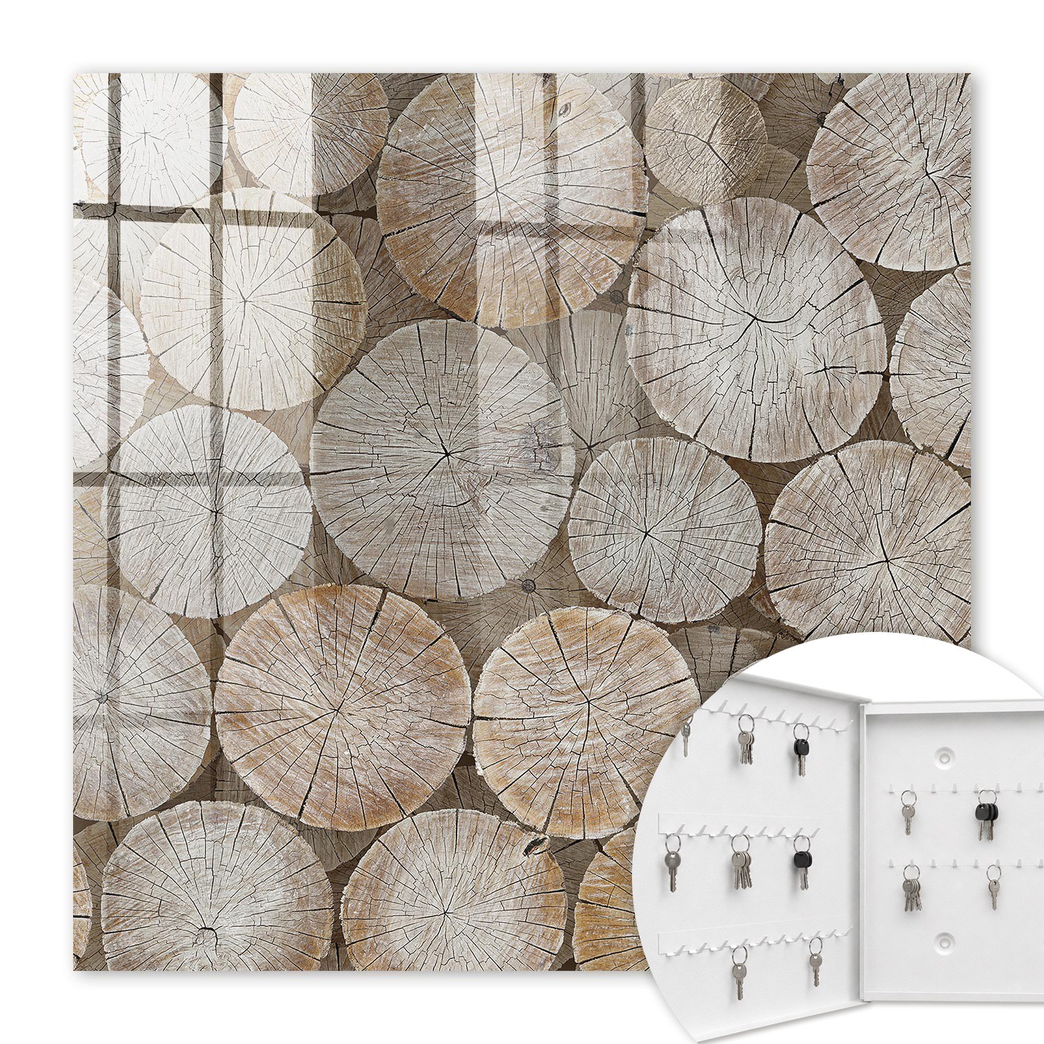 Armoire À Clés - (30 Cm X 30 Cm) - Boîte À Clés Murale - Coffret De Rangement Pour Clés - Couleur Blanche - Ouverture Vers La Gauche - Pour Maison Et Bureau - Cercles En Bois