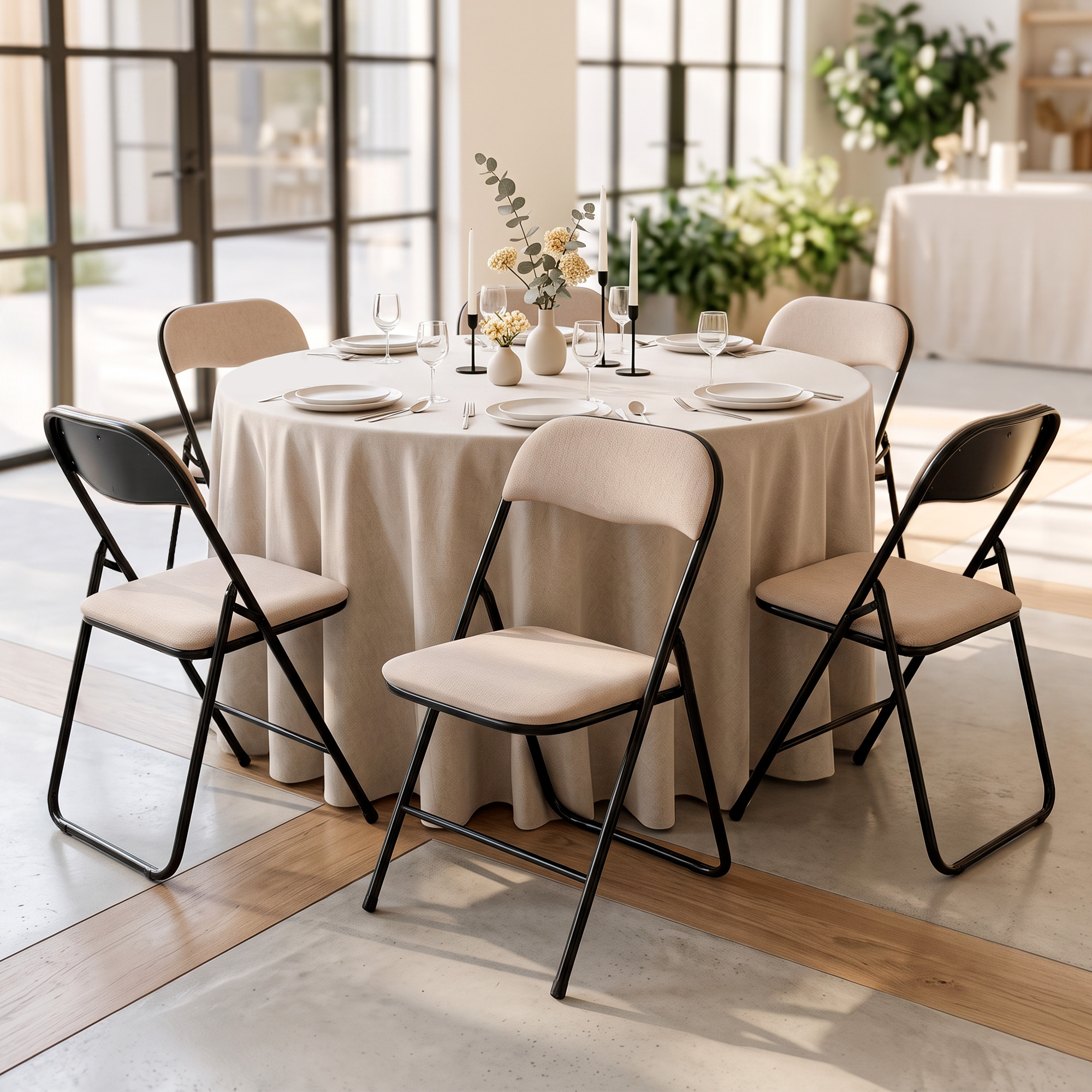 Sicaan Lot De 6 Chaises Pliantes Rembourrées En Tissu Beige Et Pieds Métal Noir - Greta